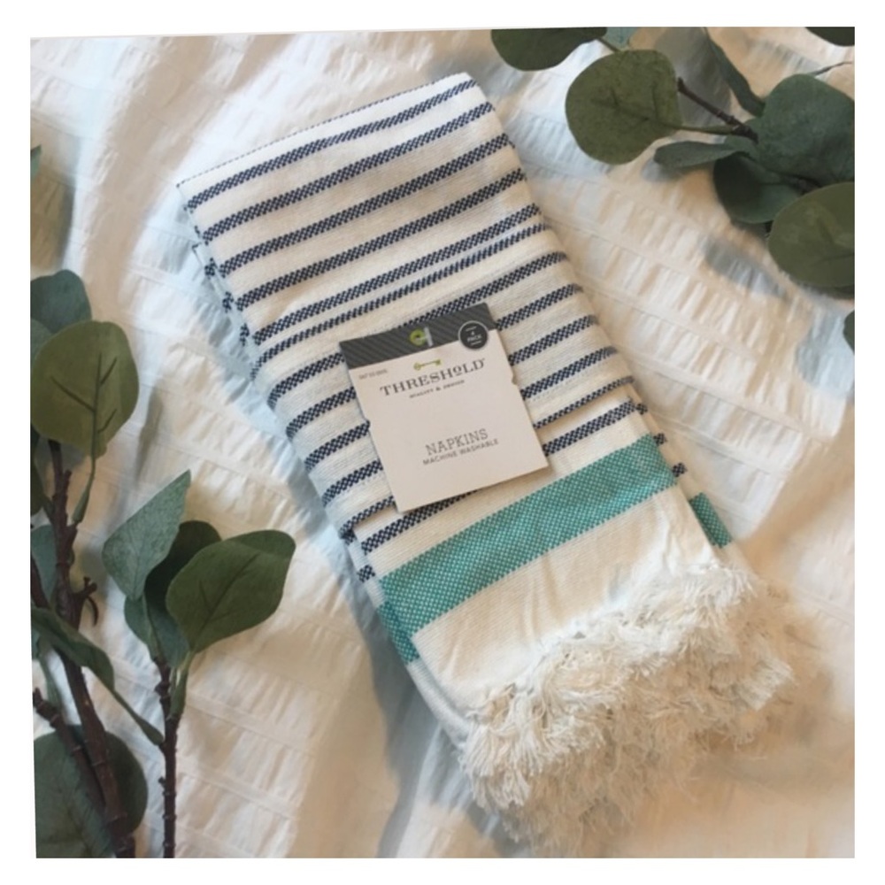 4 Teal Navy Blue Off White Fringe Napkins NWT